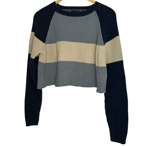 Structure Women's L Ribbed Knit Crop Sweater Multi Blue Chunky Stripe Nautical - Picture 1 of 5